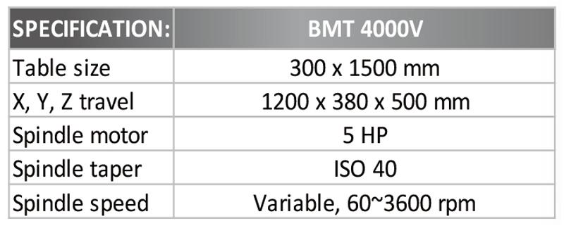 Table size 300 x 1500mm, X, Y, Z travel 1200 x 380 x 500mm, X travel 1200mm, Y travel 380mm, Z travel 500mm, Spindle motor 5HP, Spindle taper ISO40